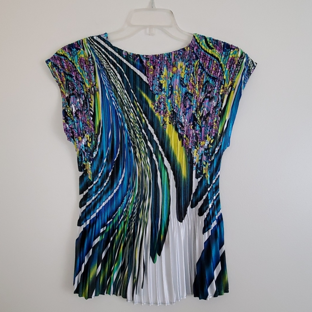 Unbranded Artsy Blue, Green & White Print Cap Sleeve Top M - Picture 5 of 7
